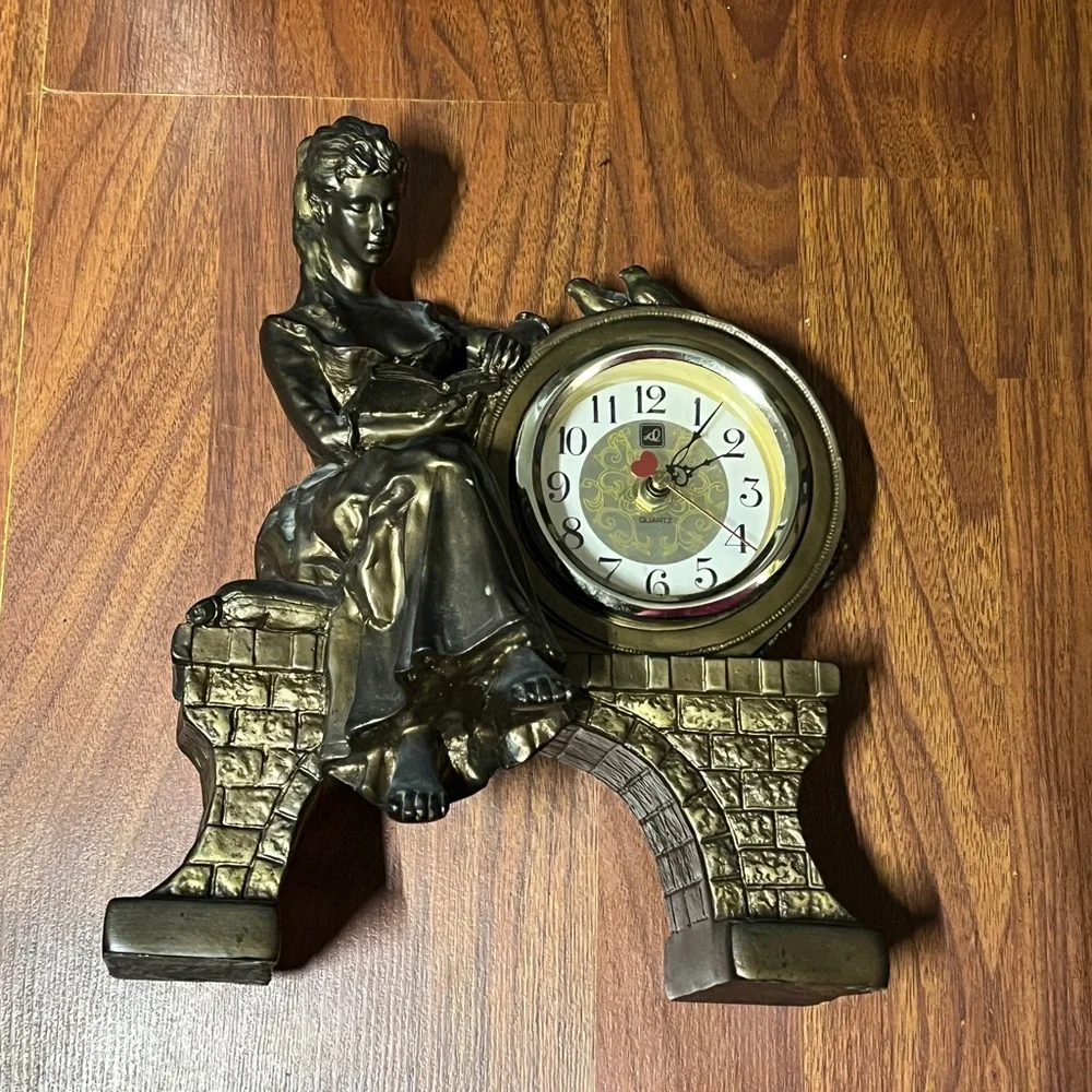 Vintage Victorian Lady Figural Clock Bronze Tone Mantel Decor Taiwan ‼️WORKS‼️